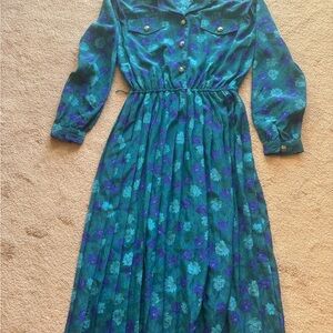 Leslie Fay Blue Sundress with 3/4 Bishop Sleeves and Cowl Neck